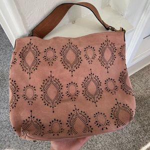 Boho pink leather shoulder bag